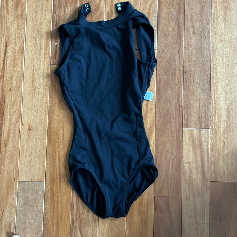 Black Capezio leotard with open back and button neck